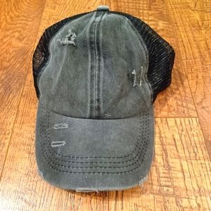 Distressed Ponytail Ball Cap Black